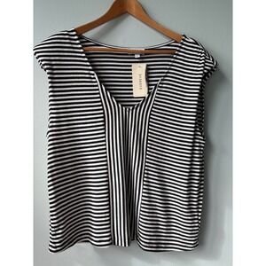 Evereve Laney Stripe Mix Tank Top Black White V Neck Cap Sleeves New With Tags L